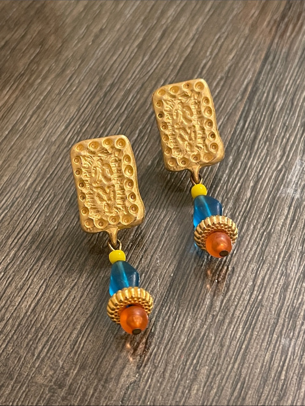 Vintage 1990’s Matte Gold-tone Dangle Statement Earrings w/ Blue & Orange Beads